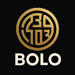 Gold circular logo with 'BOLO' text on a black background